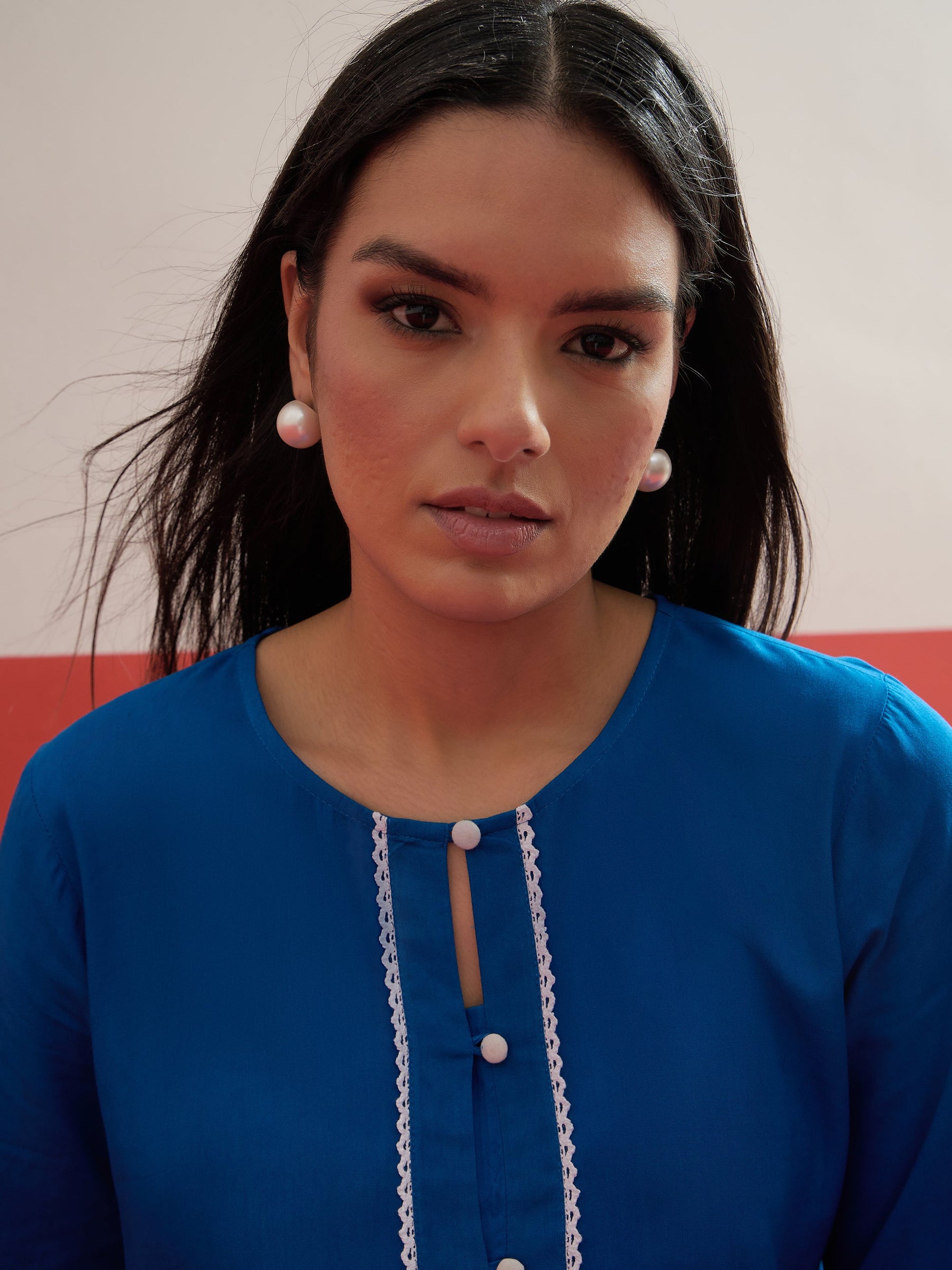 Cobalt Blue Embroidered Button Down Short Kurti With Farshi Salwar-Shae by SASSAFRAS