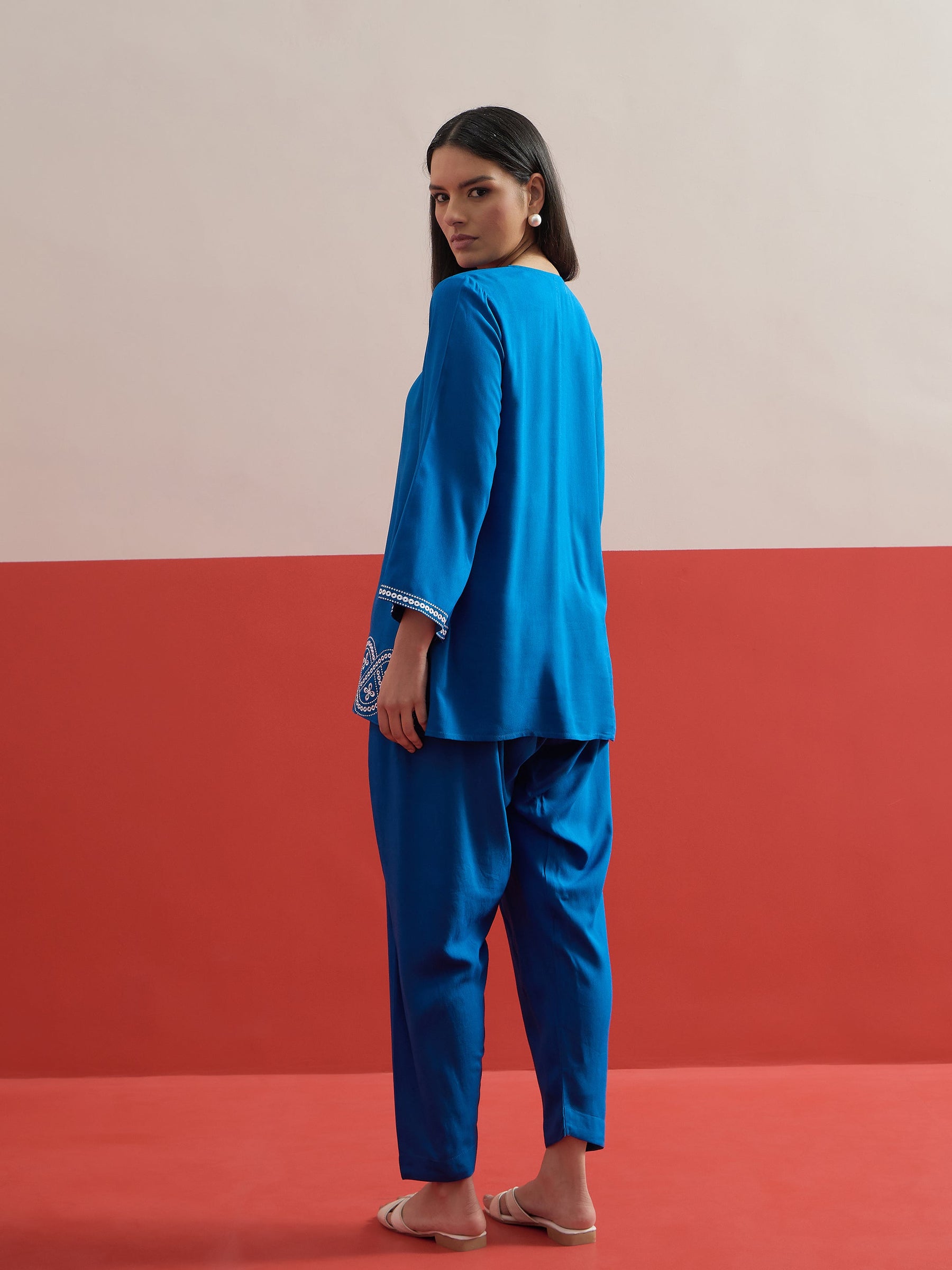 Cobalt Blue Embroidered Button Down Short Kurti With Farshi Salwar-Shae by SASSAFRAS