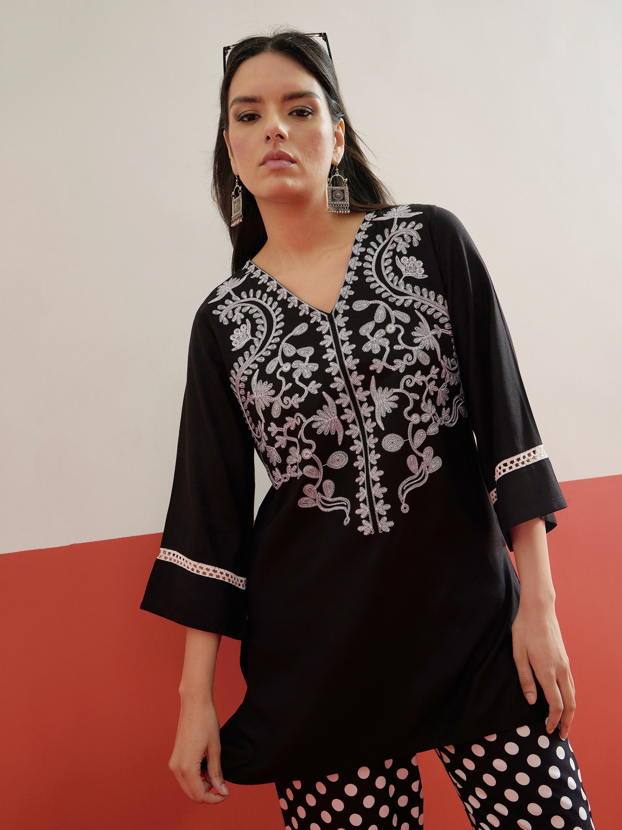 Black Embroidered Short Kurti With Polka Pants -Shae by SASSAFRAS