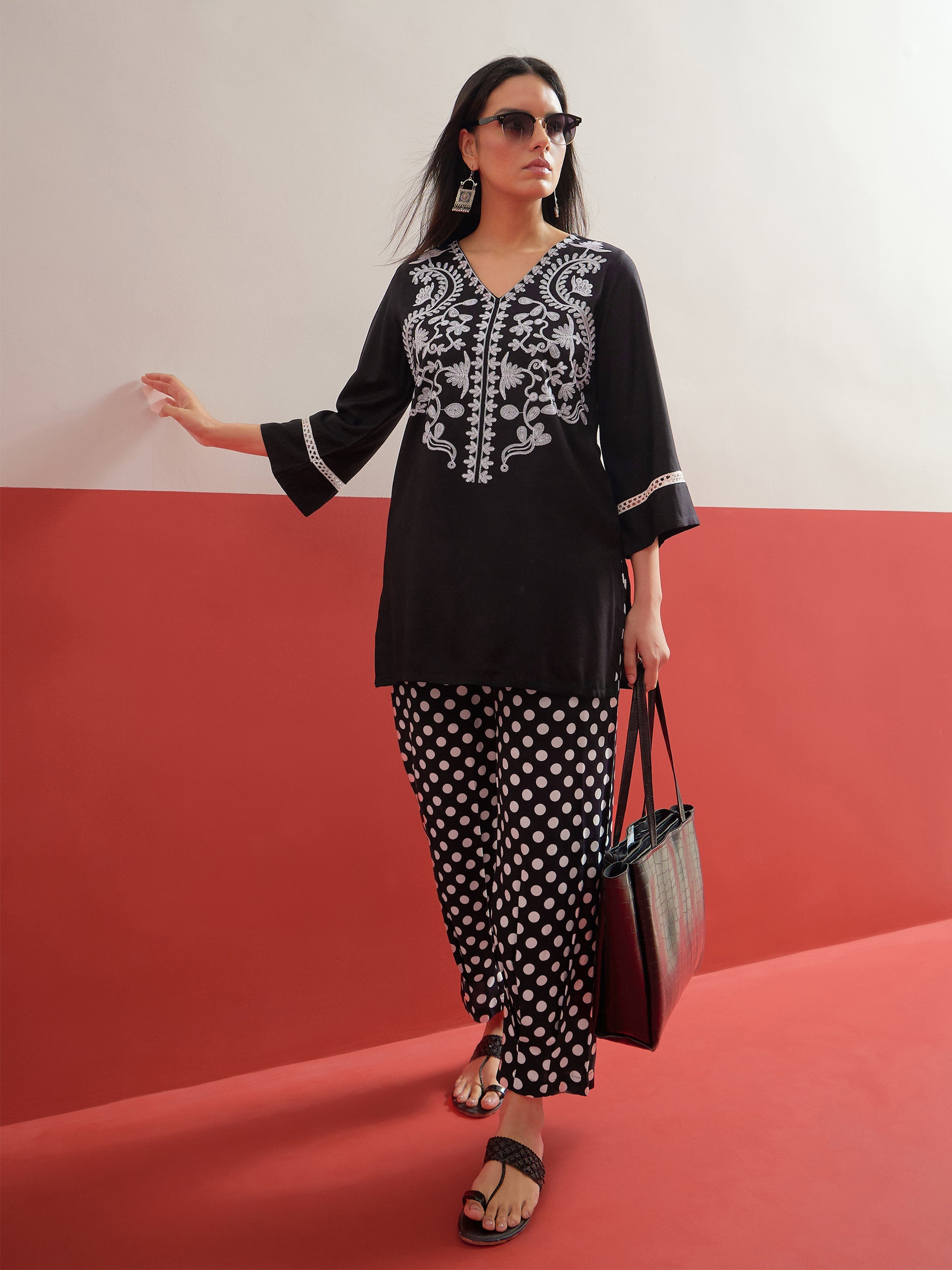 Black Embroidered Short Kurti With Polka Pants -Shae by SASSAFRAS