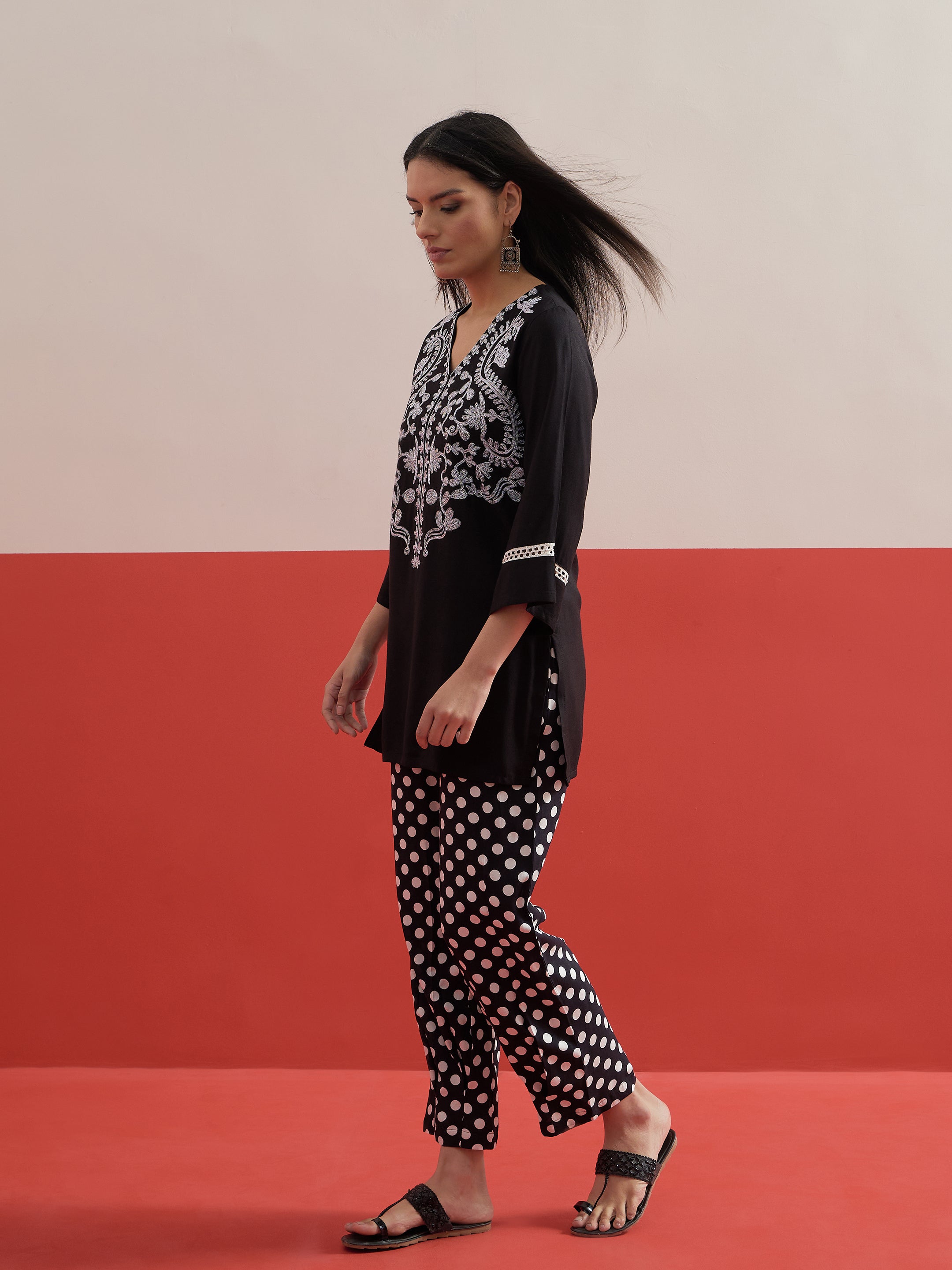 Black Embroidered Short Kurti With Polka Pants -Shae by SASSAFRAS