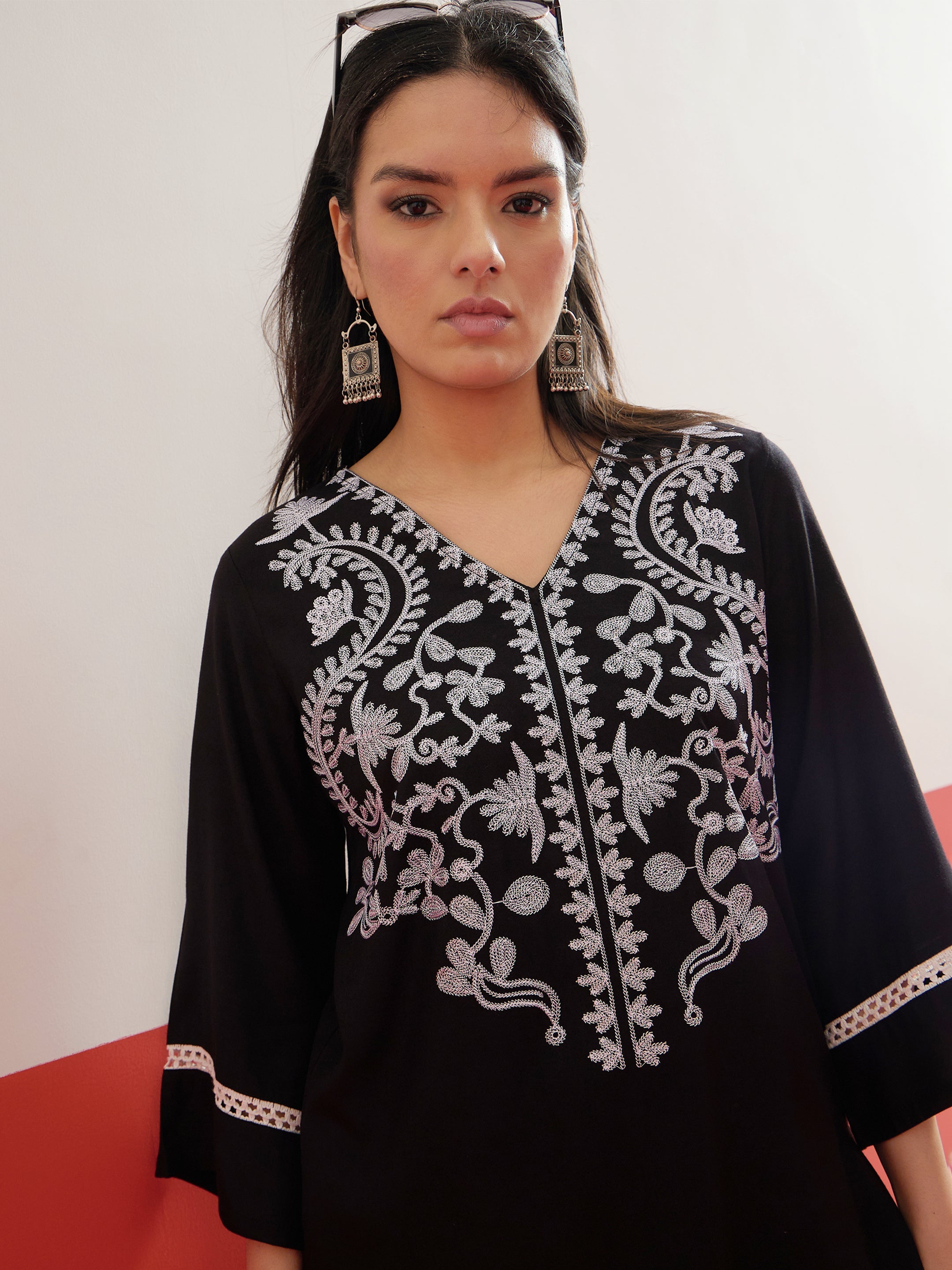 Black Embroidered Short Kurti With Polka Pants -Shae by SASSAFRAS