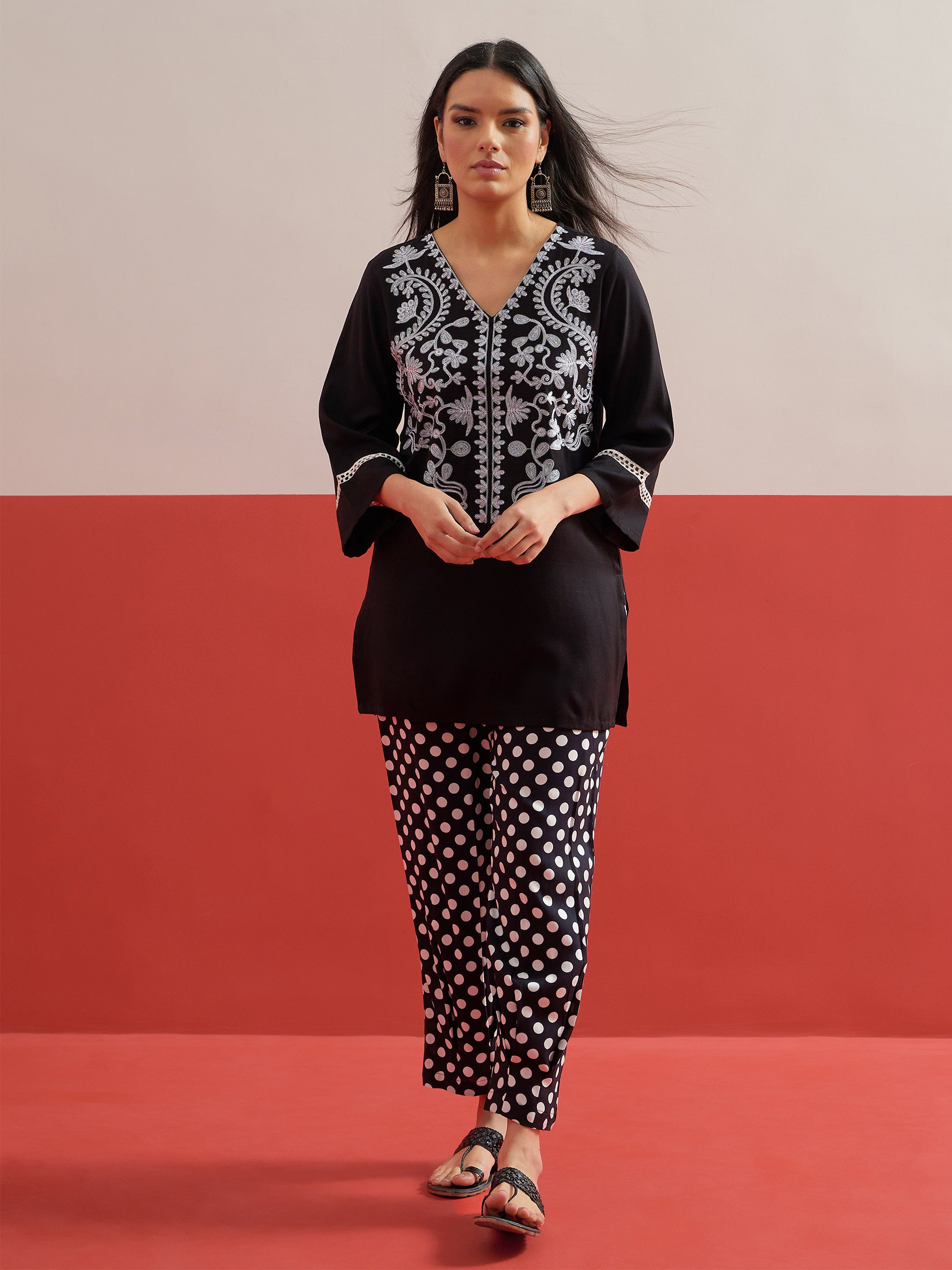 Black Embroidered Short Kurti With Polka Pants -Shae by SASSAFRAS