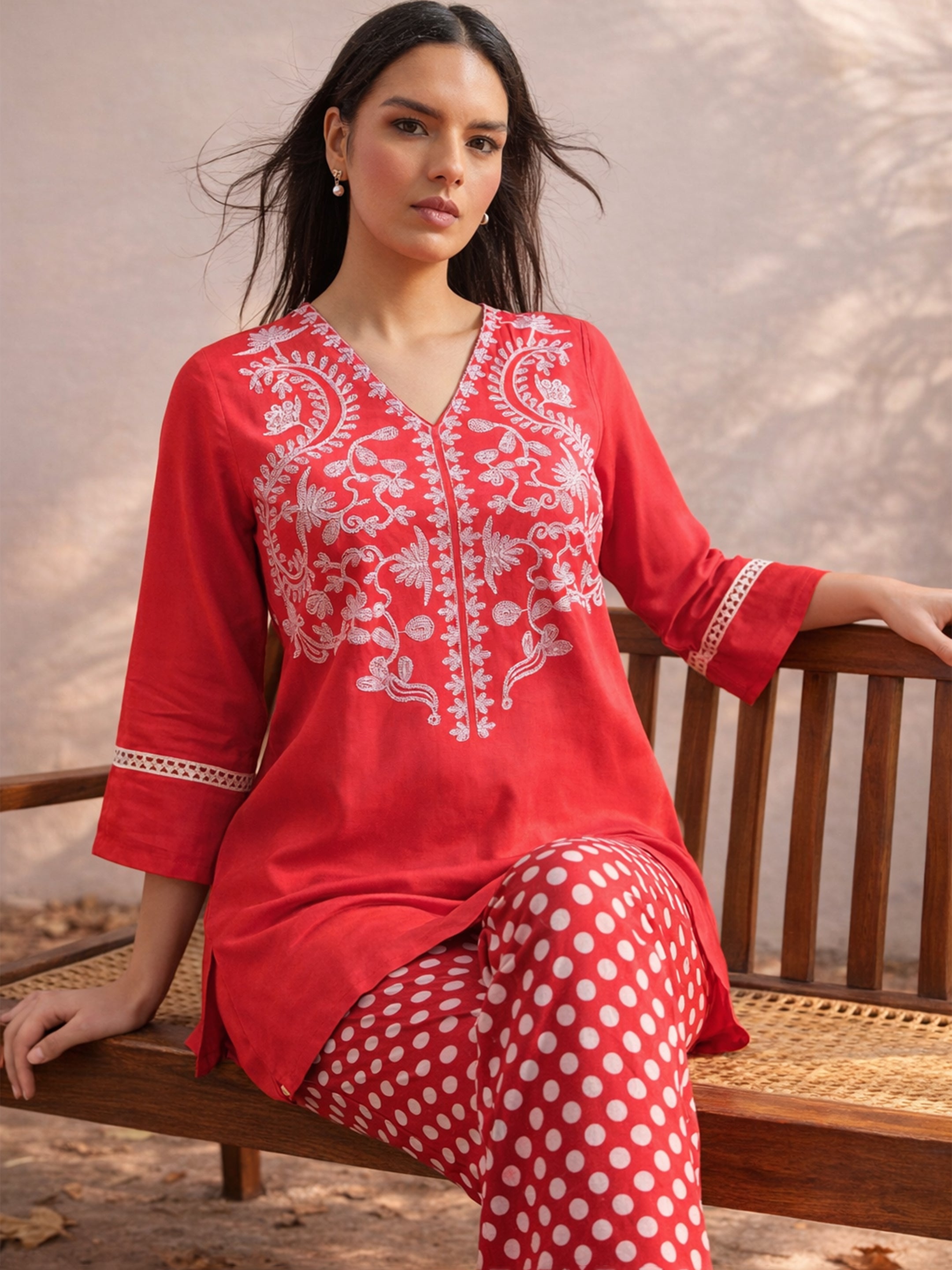 Red Embroidered Short Kurti With Polka Pants -Shae by SASSAFRAS