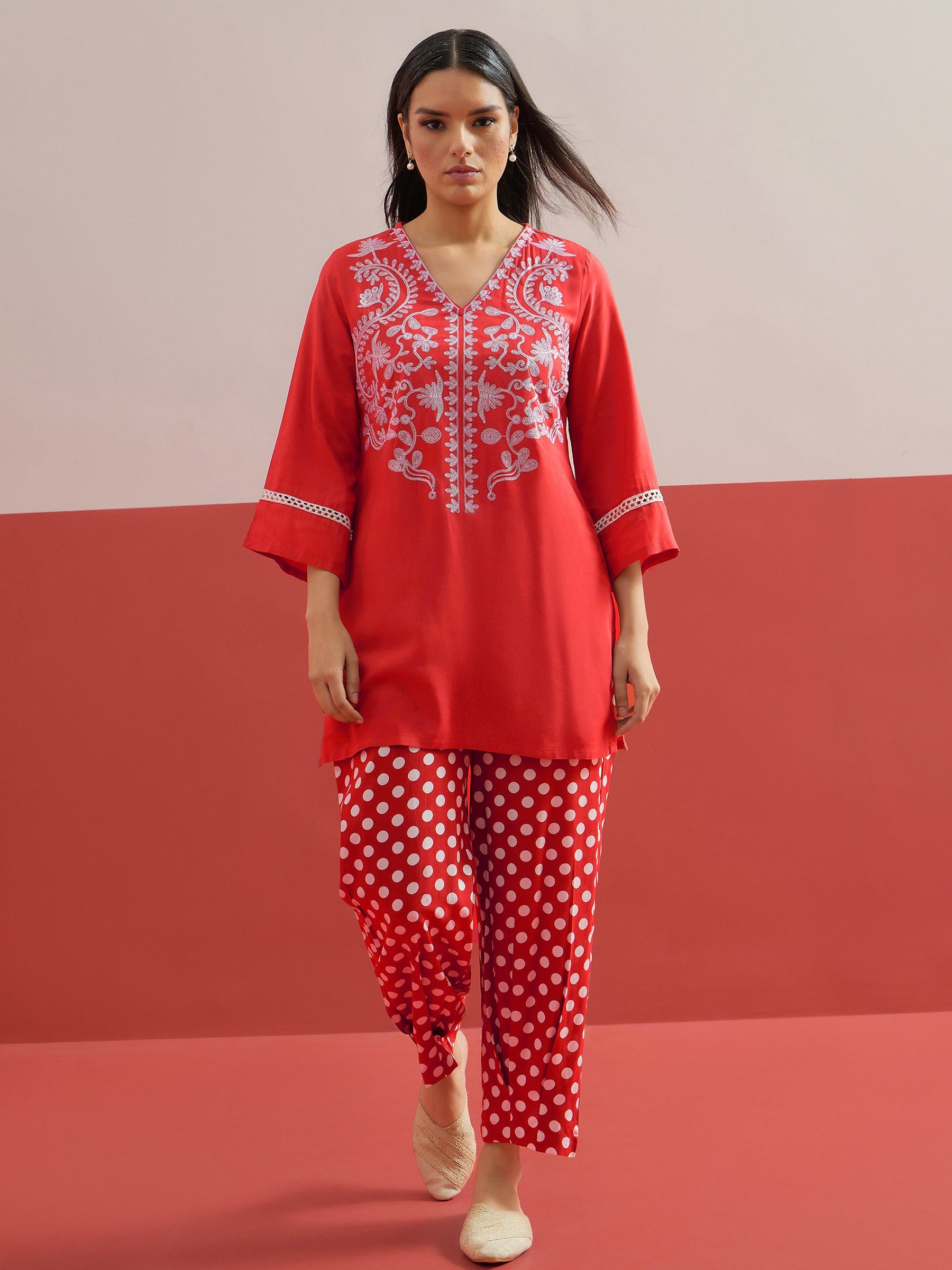 Red Embroidered Short Kurti With Polka Pants -Shae by SASSAFRAS
