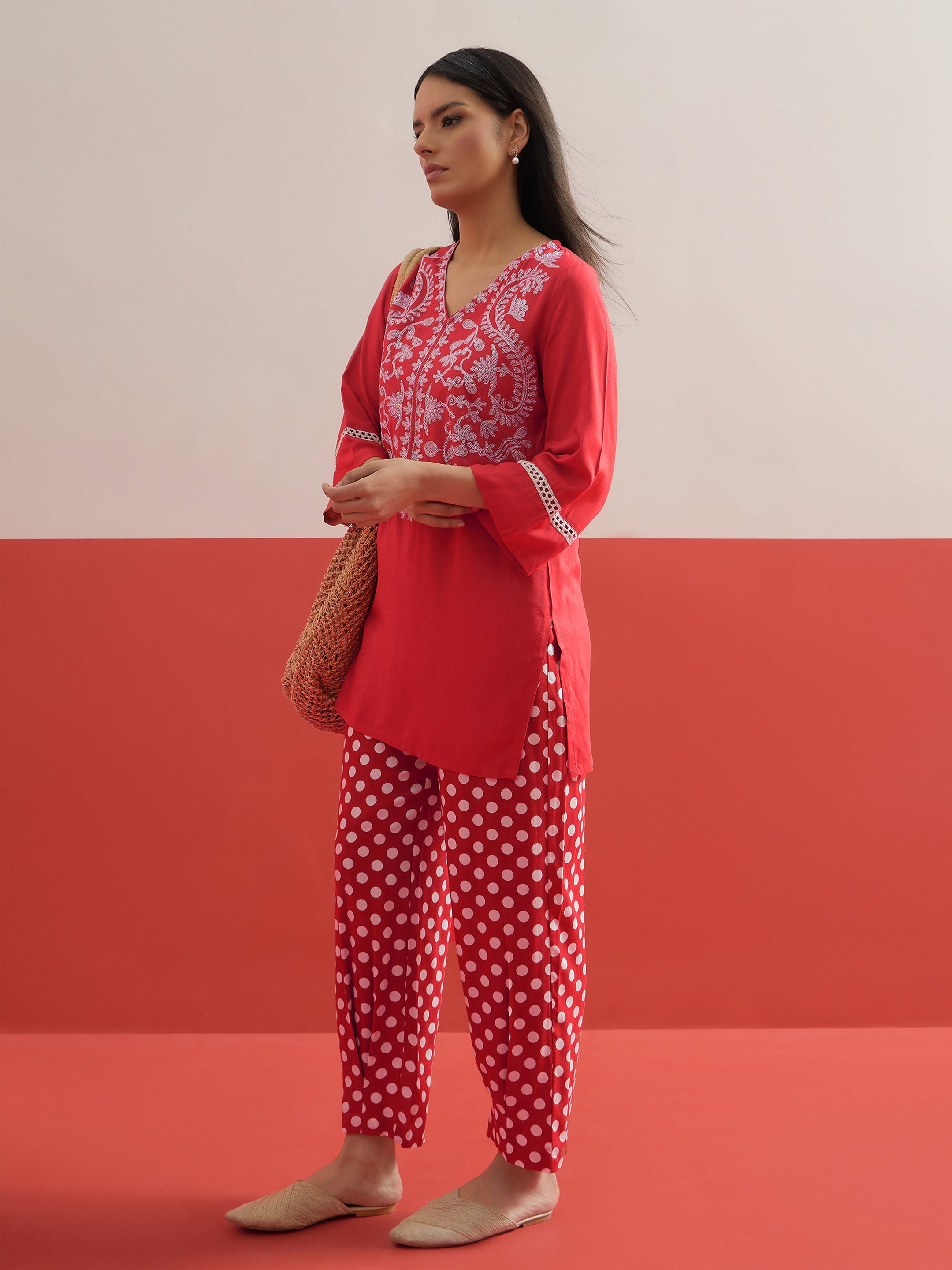 Red Embroidered Short Kurti With Polka Pants -Shae by SASSAFRAS