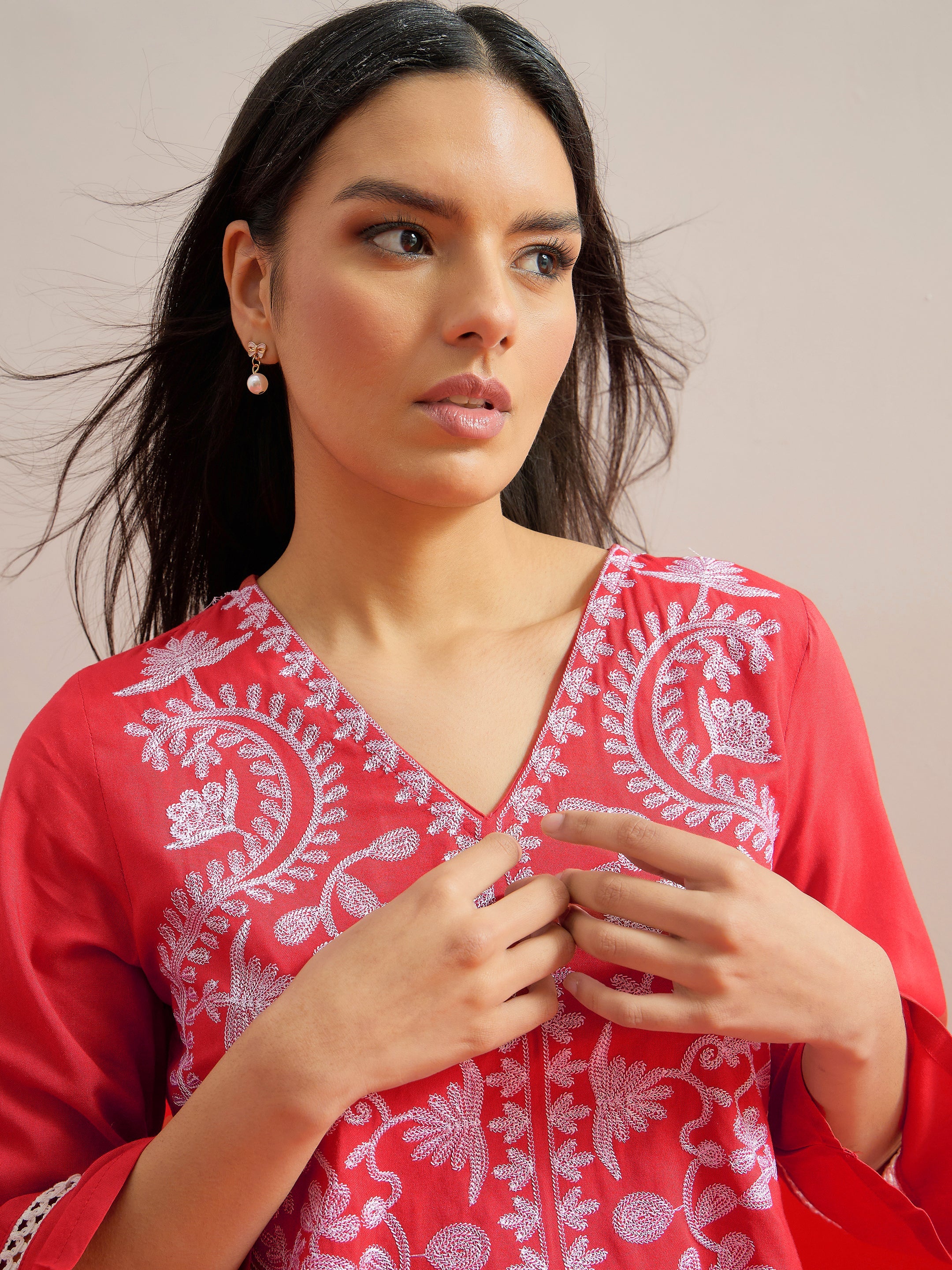 Red Embroidered Short Kurti With Polka Pants -Shae by SASSAFRAS