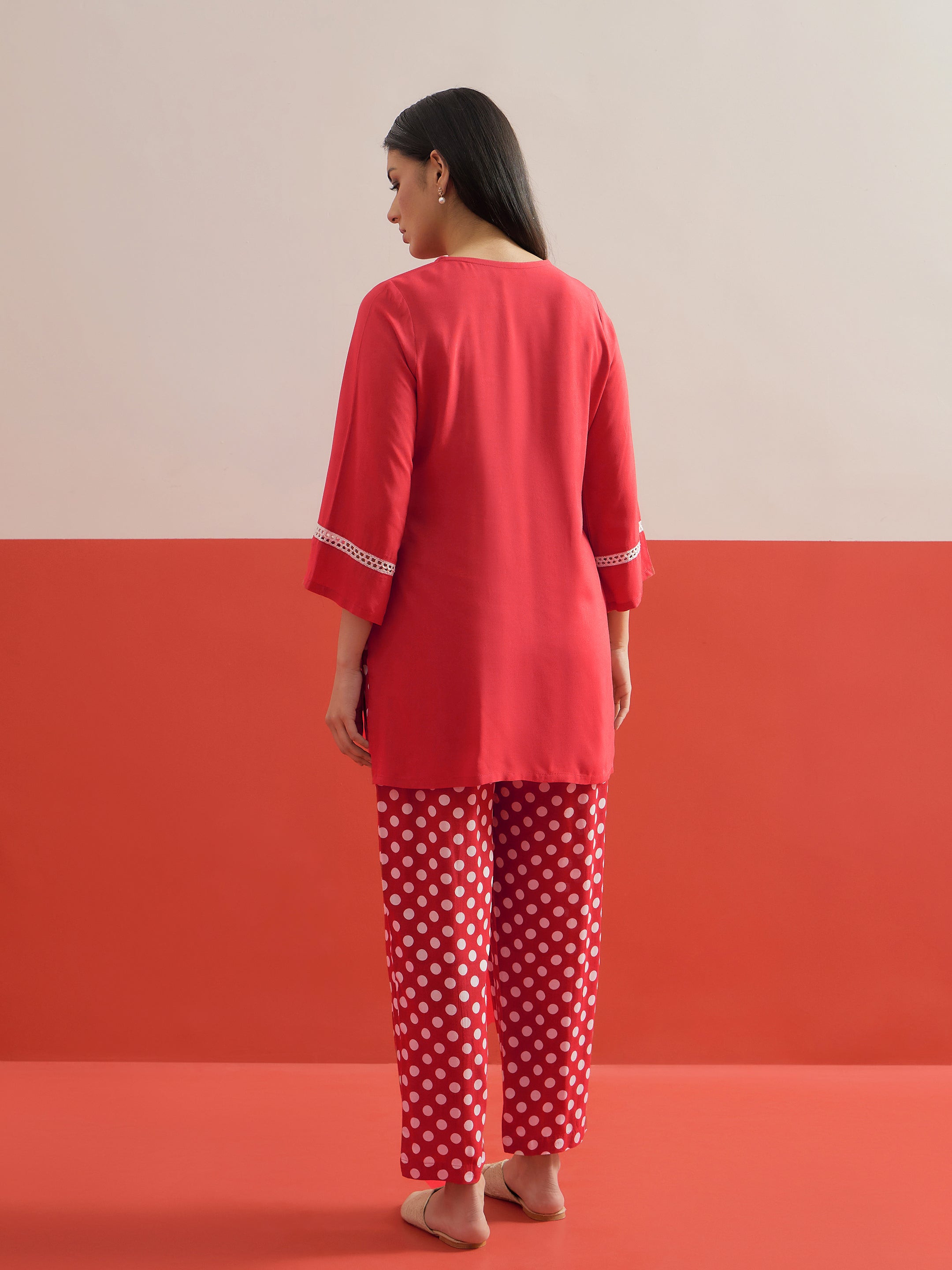 Red Embroidered Short Kurti With Polka Pants -Shae by SASSAFRAS