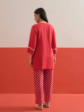 Red Embroidered Short Kurti With Polka Pants -Shae by SASSAFRAS