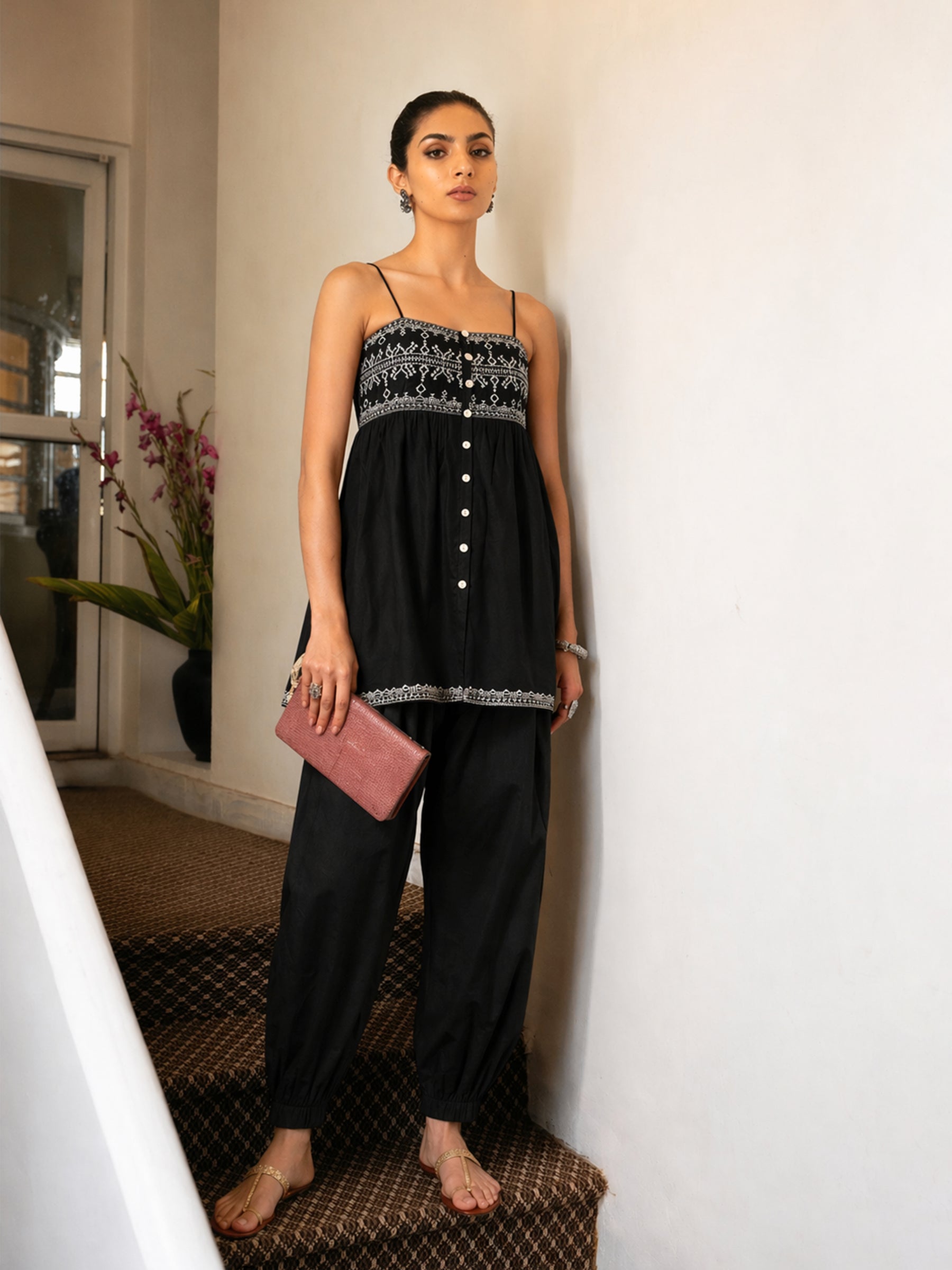 Black Embroidered Strappy Peplum Top With Balloon Pants-Shae by SASSAFRAS