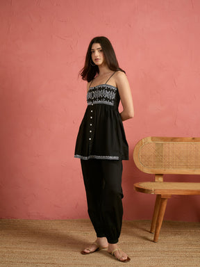 Black Embroidered Strappy Peplum Top With Balloon Pants-Shae by SASSAFRAS