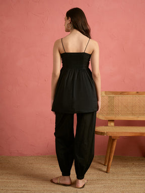 Women Black Embroidered Strappy Peplum Top With Balloon Pants