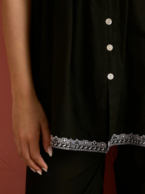 Women Black Embroidered Strappy Peplum Top With Balloon Pants