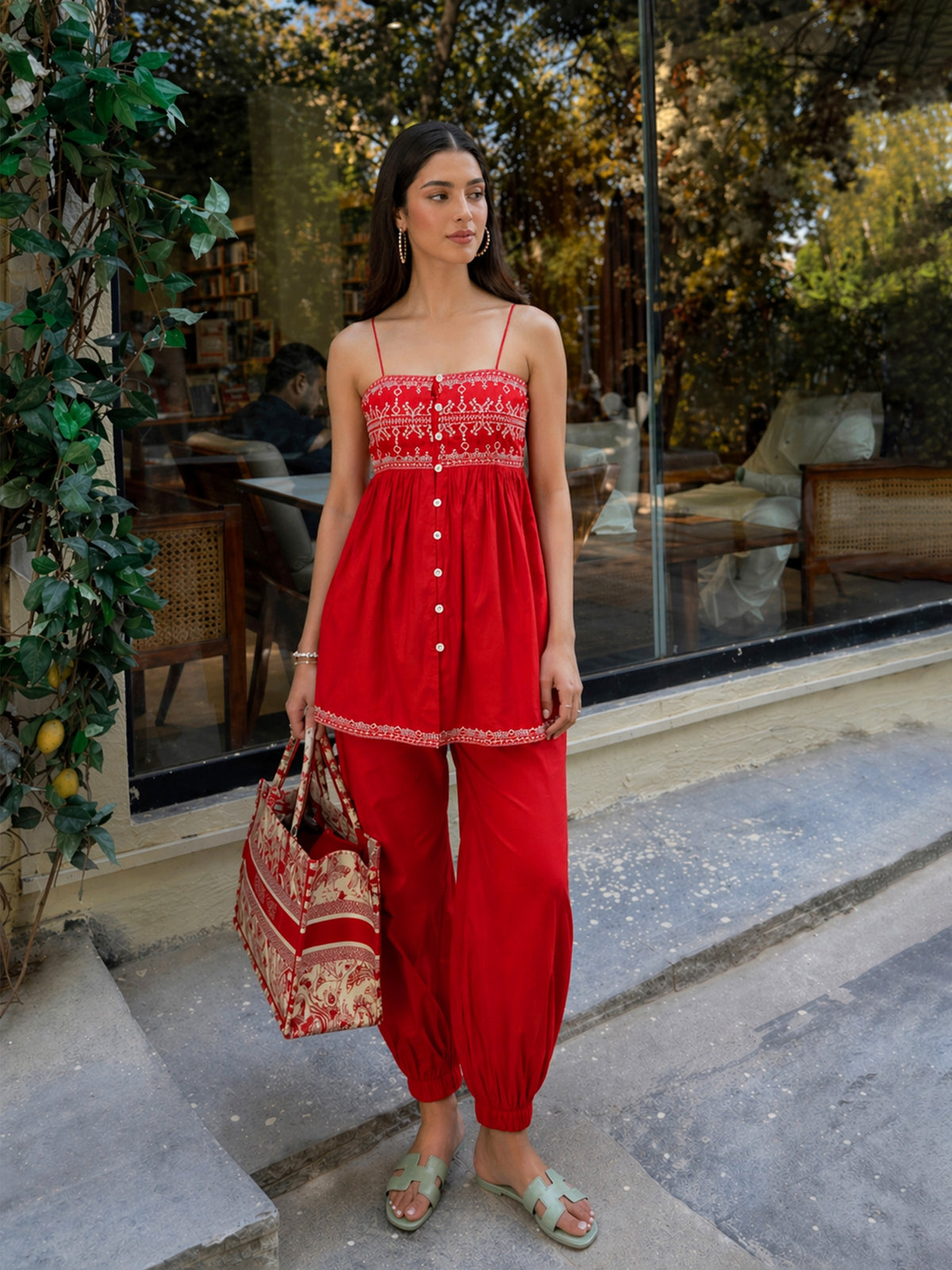 Red Embroidered Strappy Peplum Top With Balloon Pants-Shae by SASSAFRAS