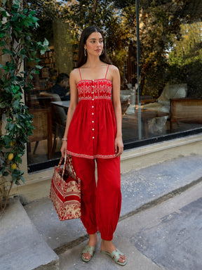 Red Embroidered Strappy Peplum Top With Balloon Pants-Shae by SASSAFRAS