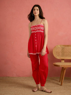 Red Embroidered Strappy Peplum Top With Balloon Pants-Shae by SASSAFRAS