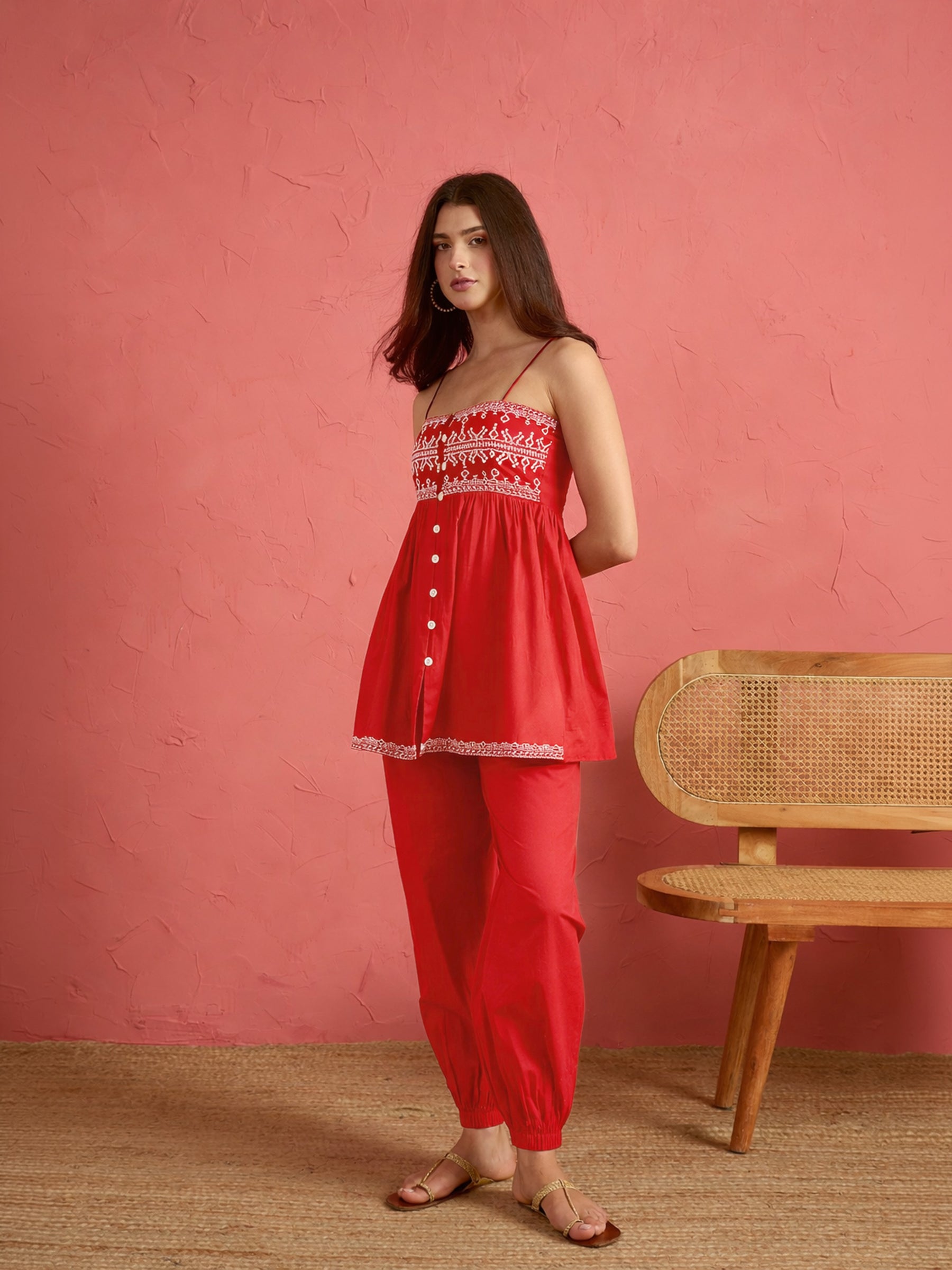Red Embroidered Strappy Peplum Top With Balloon Pants-Shae by SASSAFRAS