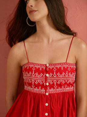 Red Embroidered Strappy Peplum Top With Balloon Pants-Shae by SASSAFRAS
