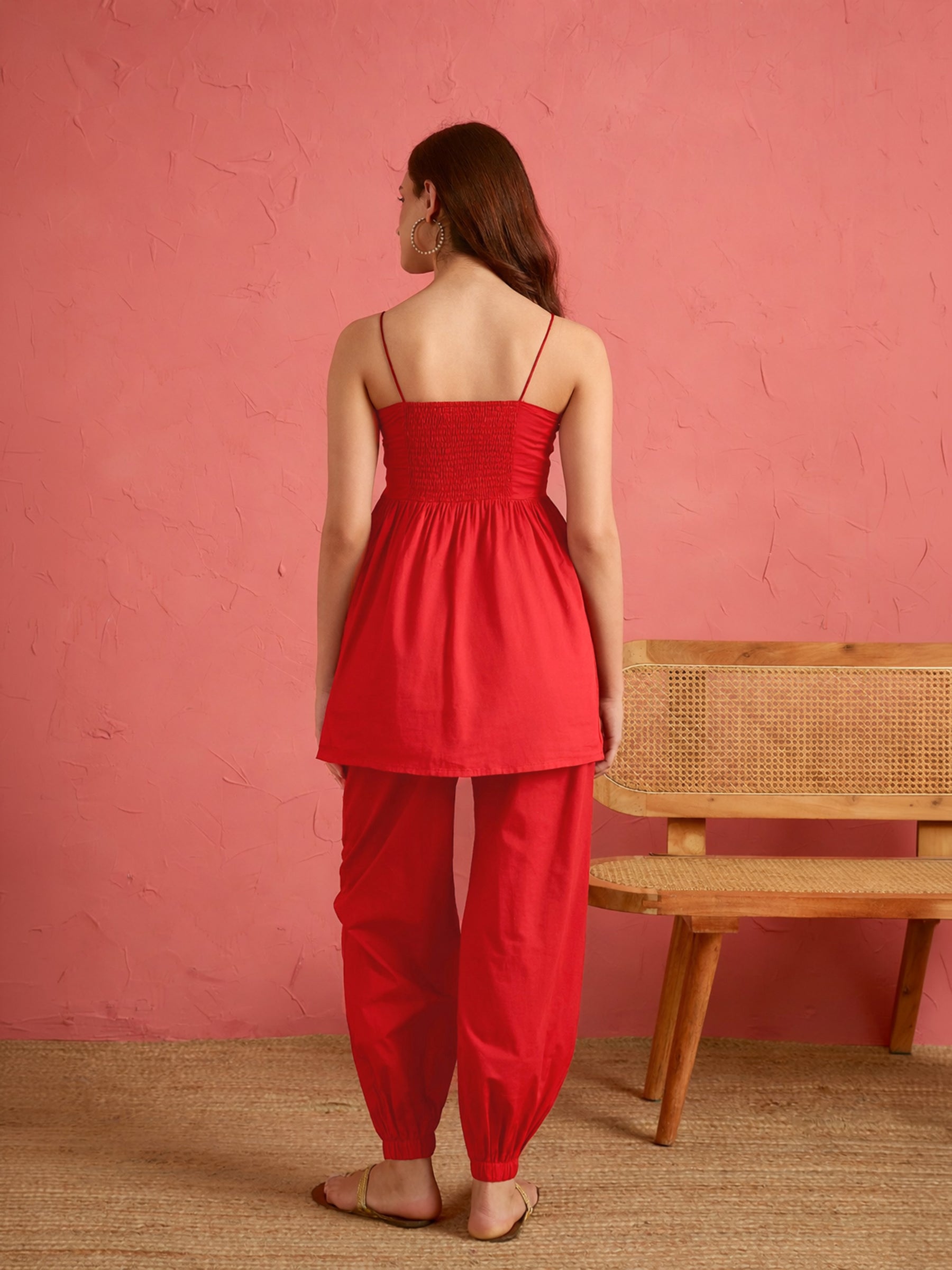 Women Red Embroidered Strappy Peplum Top With Balloon Pants