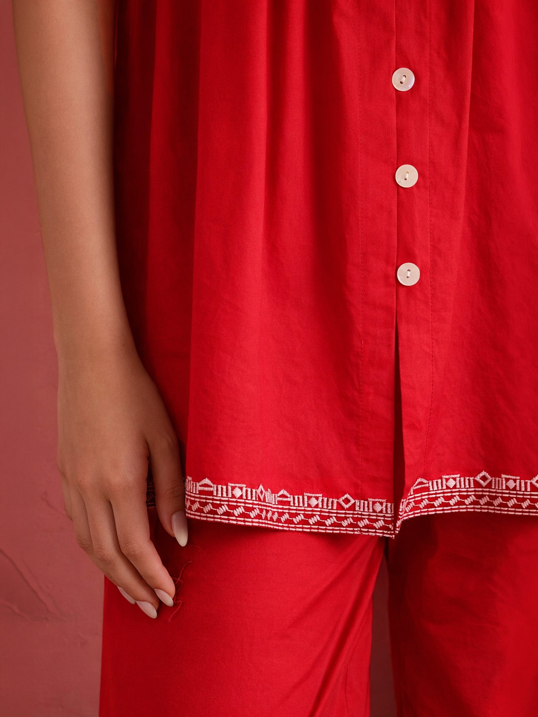 Women Red Embroidered Strappy Peplum Top With Balloon Pants