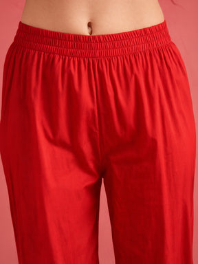 Women Red Embroidered Strappy Peplum Top With Balloon Pants
