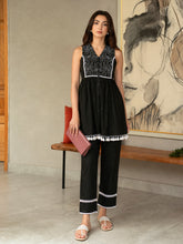 Black Embroidered Sleeveless Button Down Top With Pencil Pants-Shae by SASSAFRAS