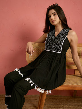 Black Embroidered Sleeveless Button Down Top With Pencil Pants-Shae by SASSAFRAS