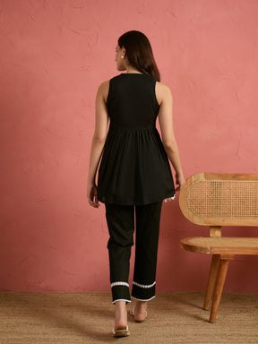 Black Embroidered Sleeveless Button Down Top With Pencil Pants-Shae by SASSAFRAS