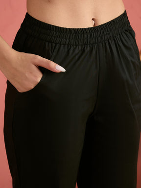 Women Black Embroidered Sleeveless Button Down Top With Pencil Pants