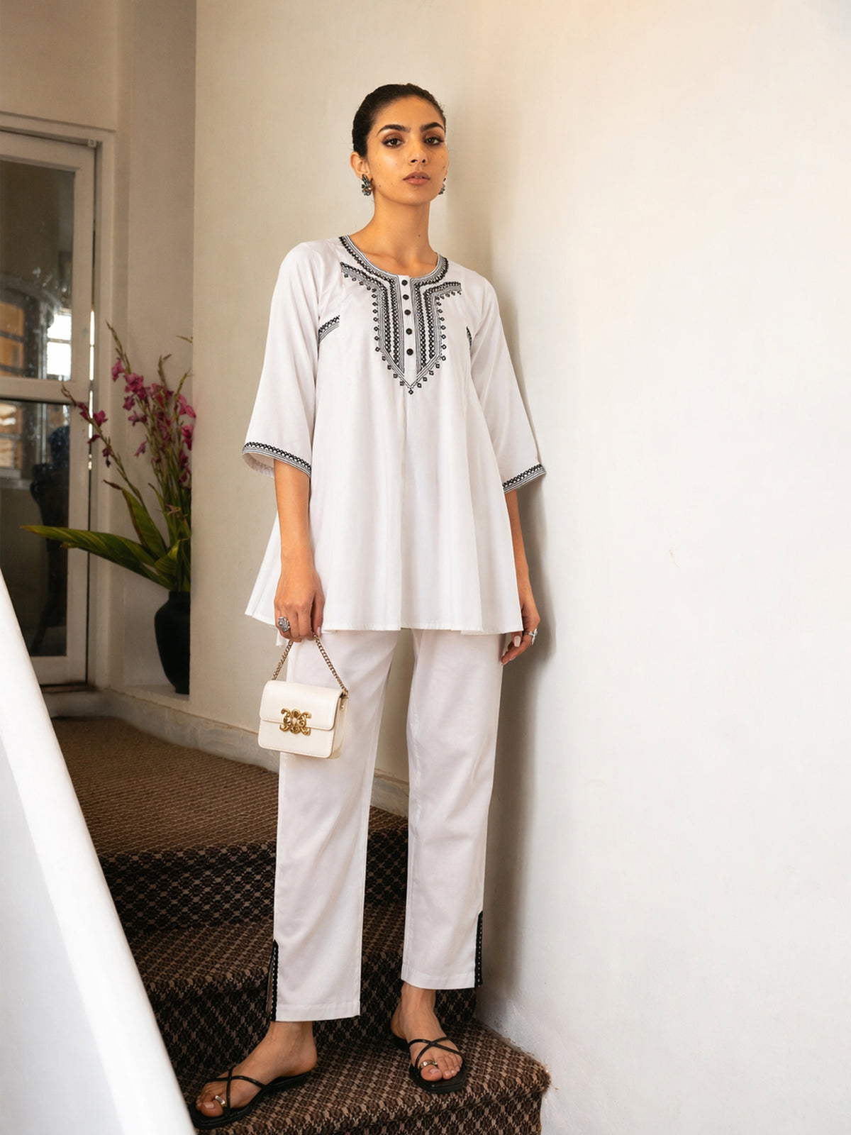 White Embroidered Choga Kurta With Pencil Pants-Shae by SASSAFRAS