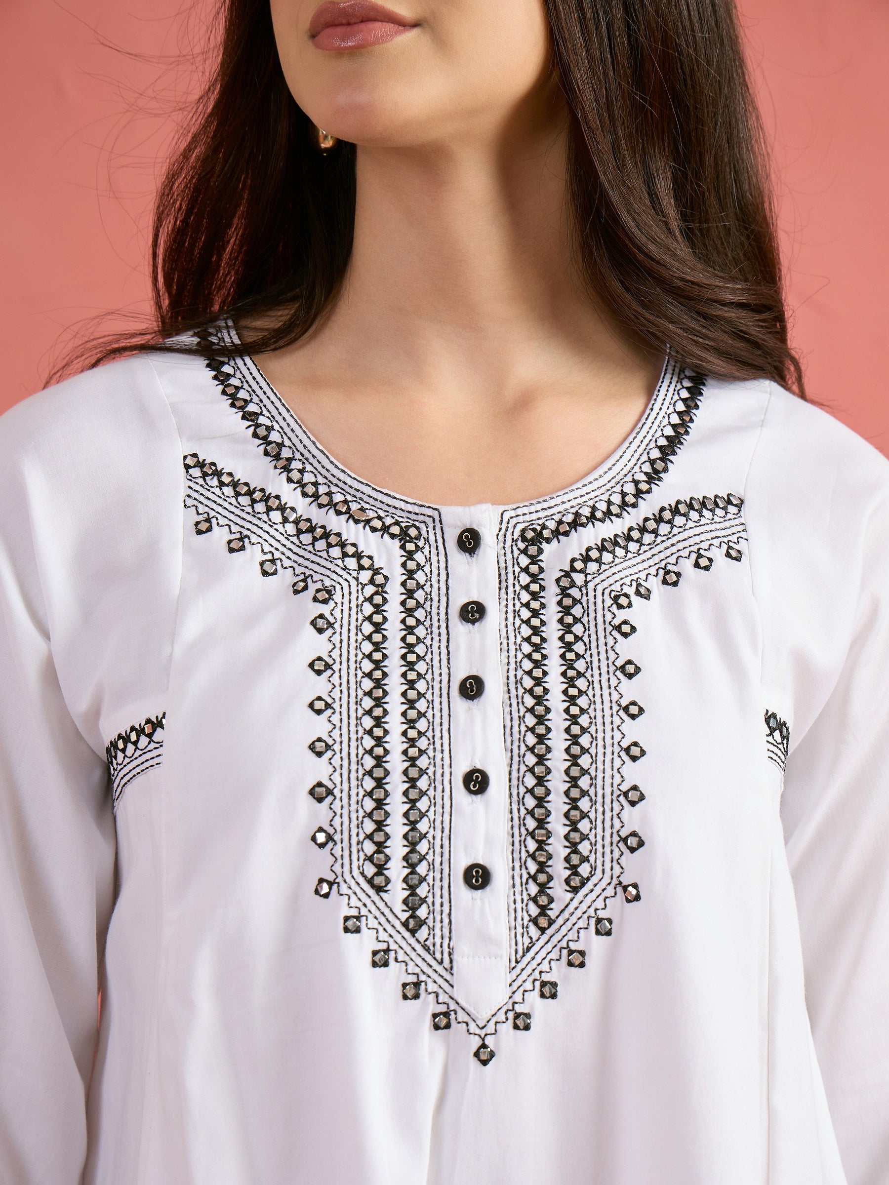 White Embroidered Choga Kurta With Pencil Pants-Shae by SASSAFRAS