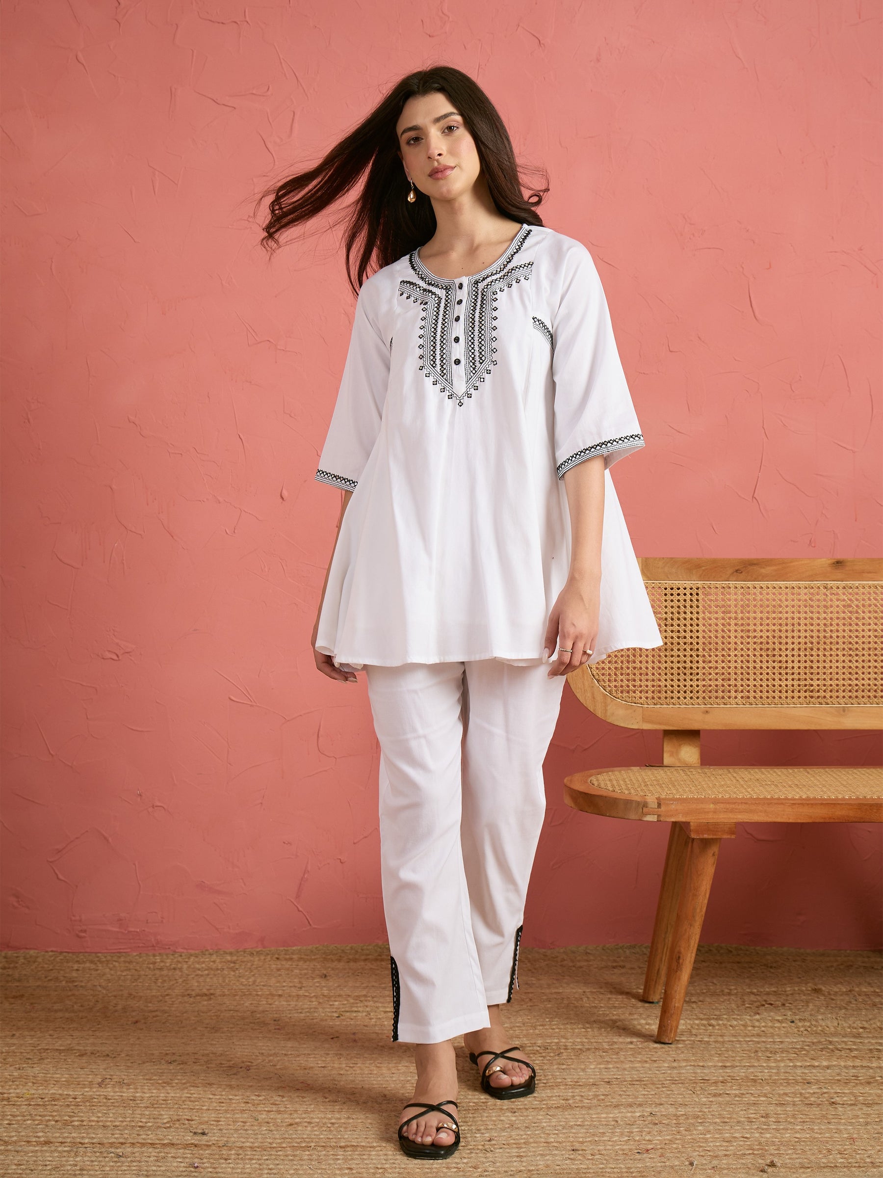 Women White Embroidered Choga Kurta With Pencil Pants
