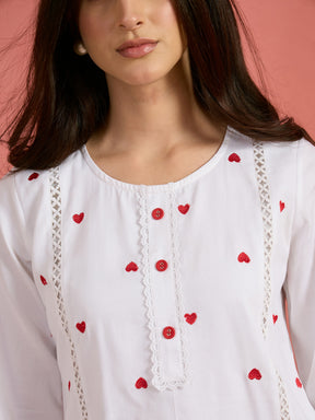 White Heart Embroidery Short Kurta With Straight Pants-Shae by SASSAFRAS