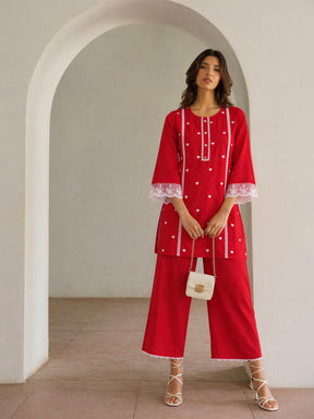Red Heart Embroidery Short Kurta With Straight Pants-Shae by SASSAFRAS
