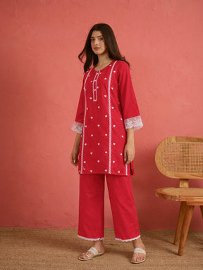 Red Heart Embroidery Short Kurta With Straight Pants-Shae by SASSAFRAS