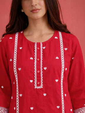 Red Heart Embroidery Short Kurta With Straight Pants-Shae by SASSAFRAS