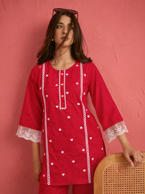 Red Heart Embroidery Short Kurta With Straight Pants-Shae by SASSAFRAS