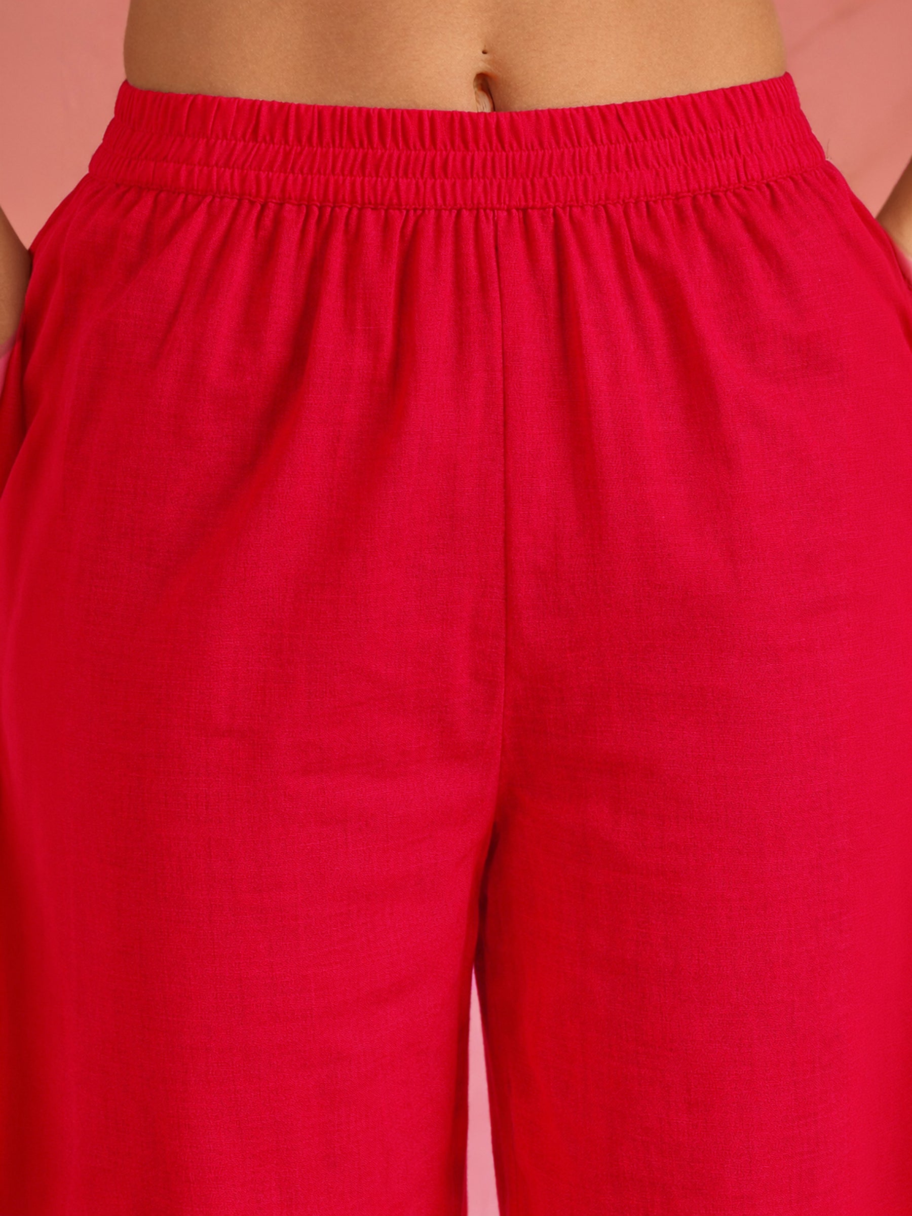 Women Red Heart Embroidery Short Kurta With Straight Pants