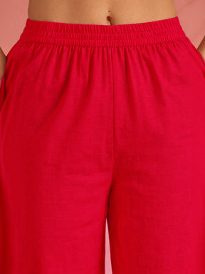 Women Red Heart Embroidery Short Kurta With Straight Pants
