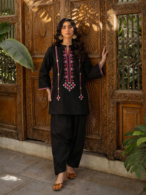 Black Embroidered Short Kurta With Farshi Salwar-Shae by SASSAFRAS