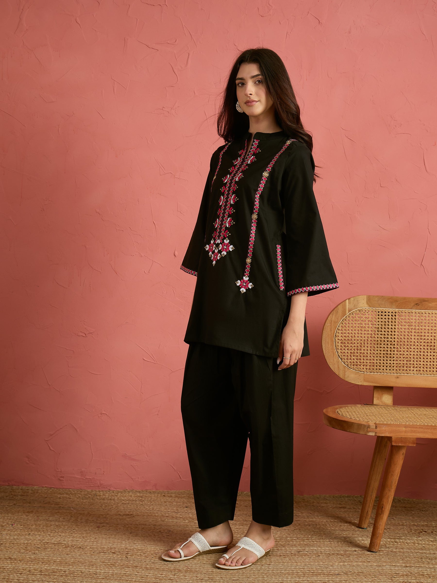 Black Embroidered Short Kurta With Farshi Salwar-Shae by SASSAFRAS