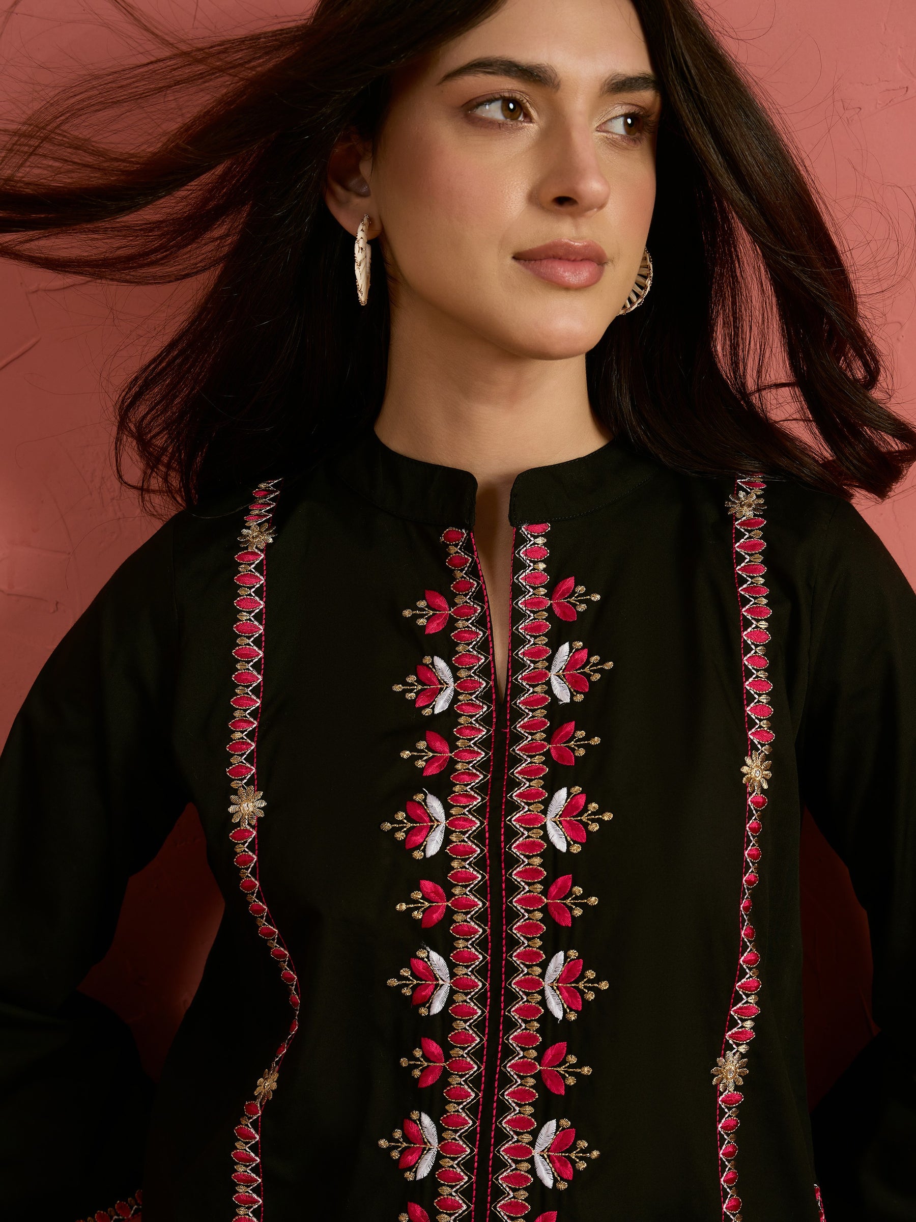 Black Embroidered Short Kurta With Farshi Salwar-Shae by SASSAFRAS