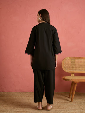 Women Black Embroidered Short Kurta With Farshi Salwar