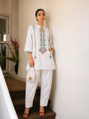 White Embroidered Short Kurta With Farshi Salwar-Shae by SASSAFRAS