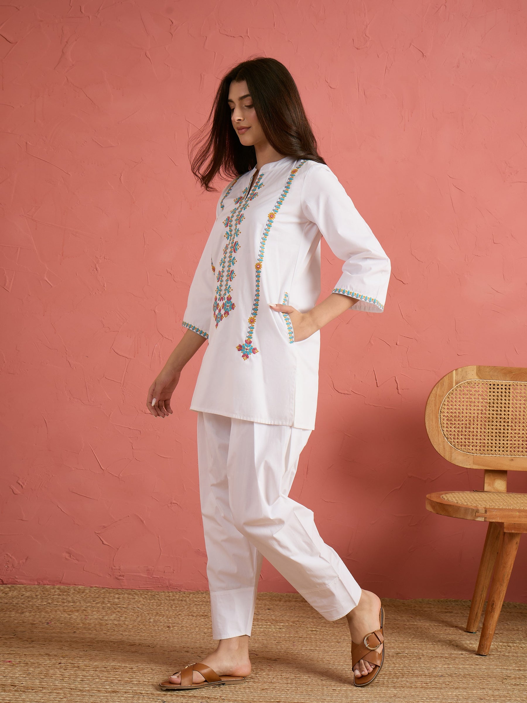 White Embroidered Short Kurta With Farshi Salwar-Shae by SASSAFRAS