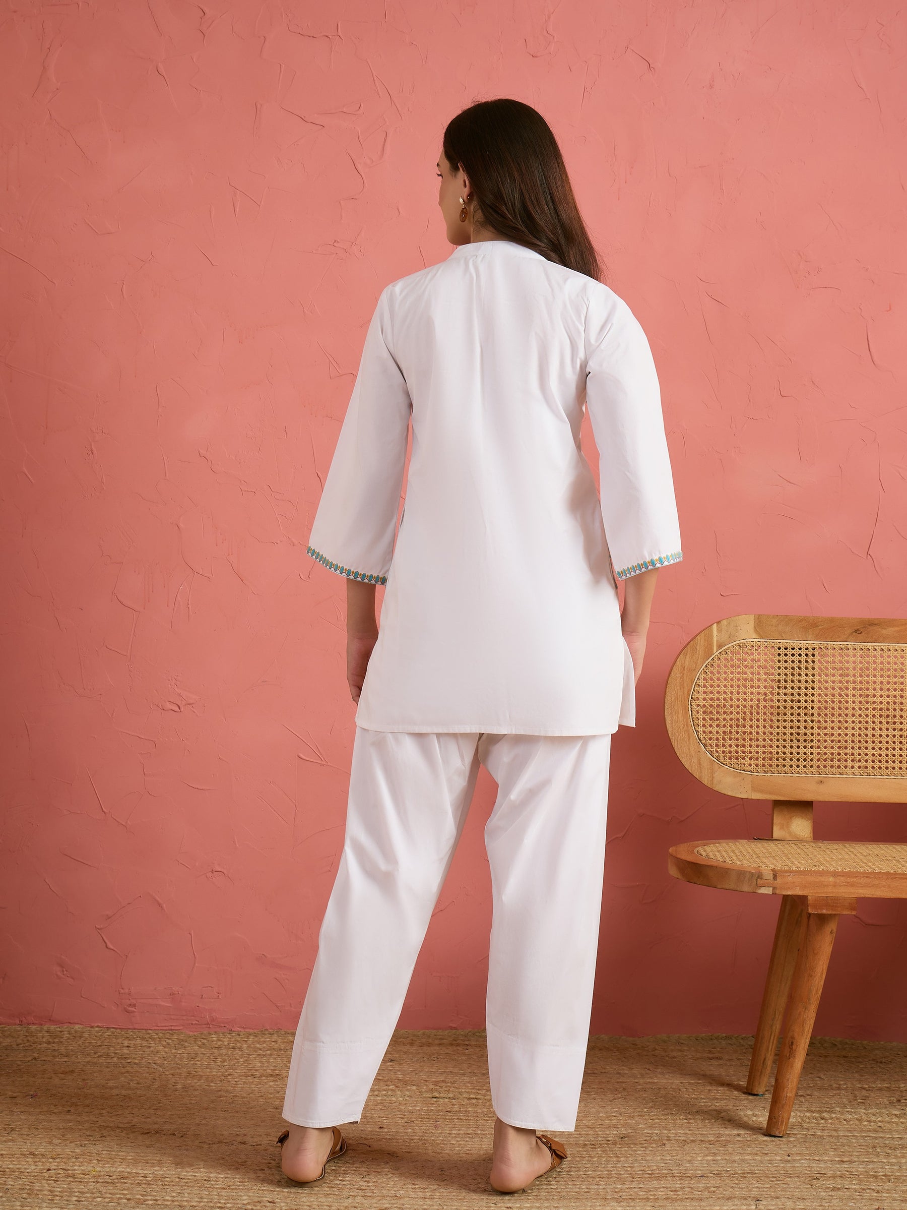White Embroidered Short Kurta With Farshi Salwar-Shae by SASSAFRAS