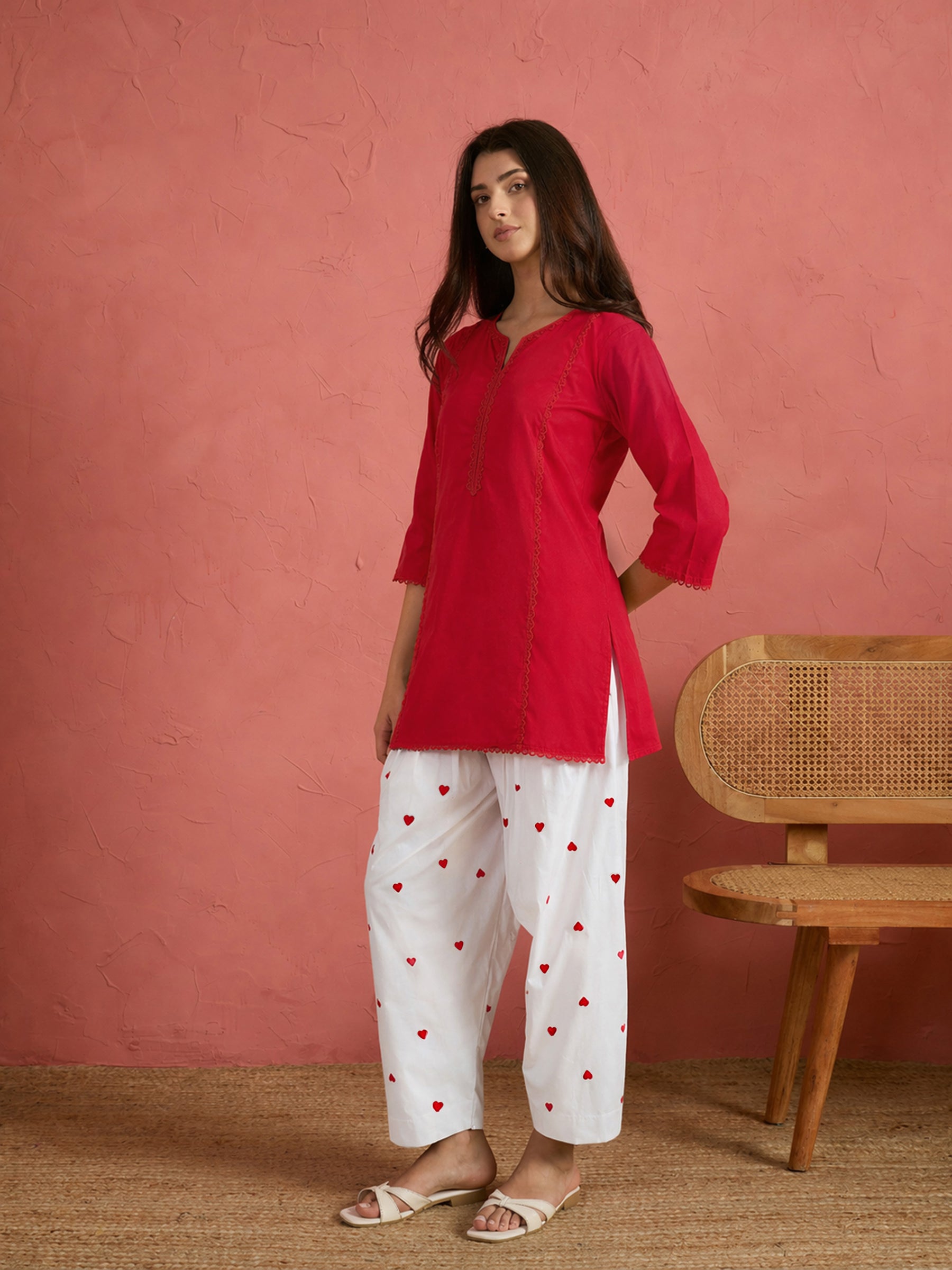 Red Solid Short Kurta With Heart Print Farshi Salwar-Shae by SASSAFRAS