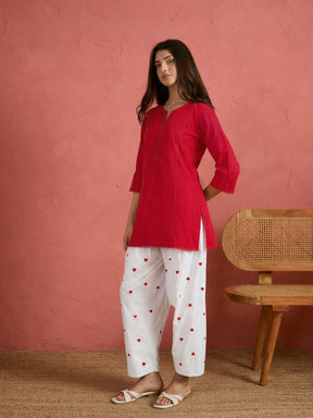 Red Solid Short Kurta With Heart Print Farshi Salwar-Shae by SASSAFRAS