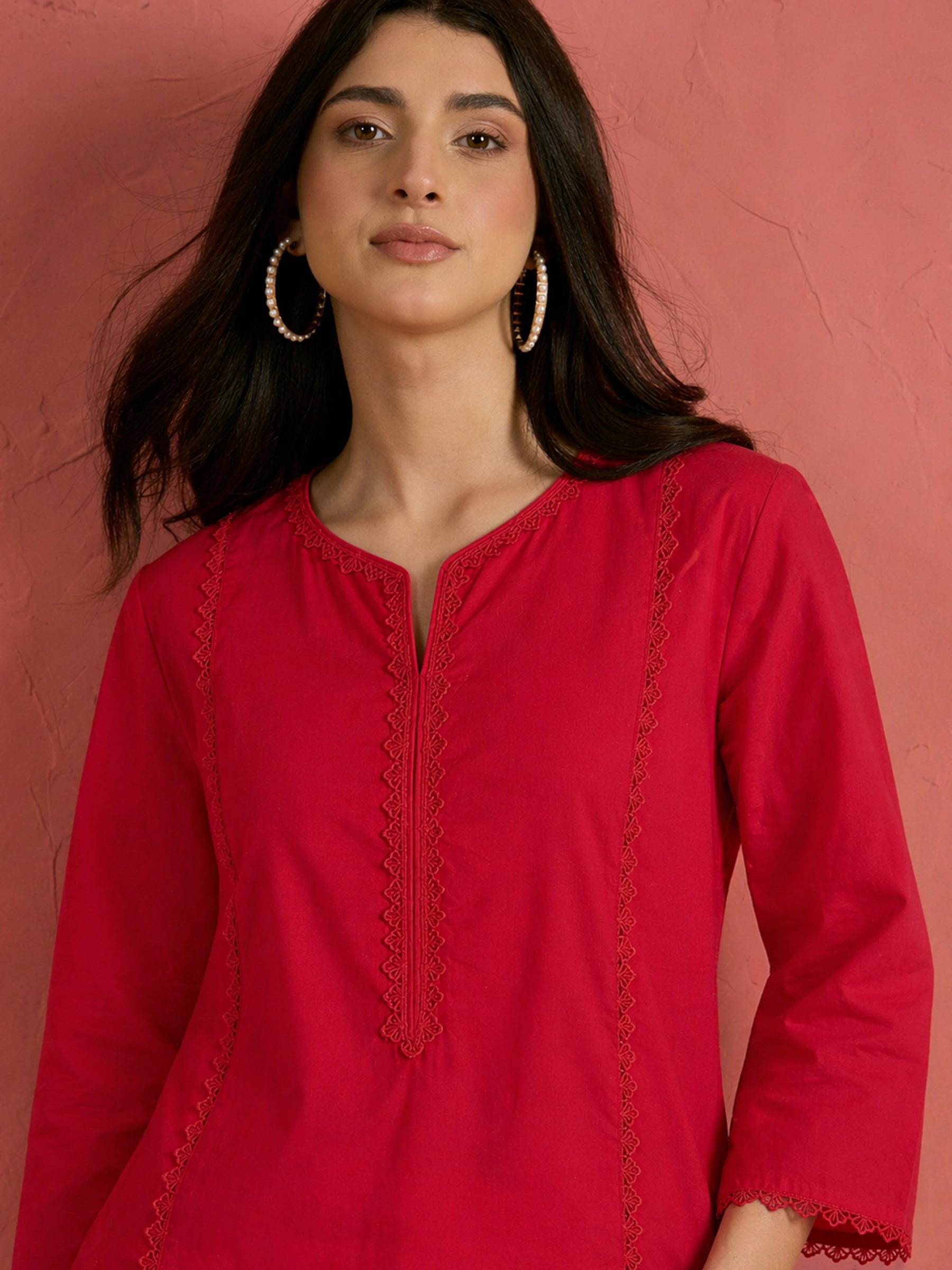 Red Solid Short Kurta With Heart Print Farshi Salwar-Shae by SASSAFRAS