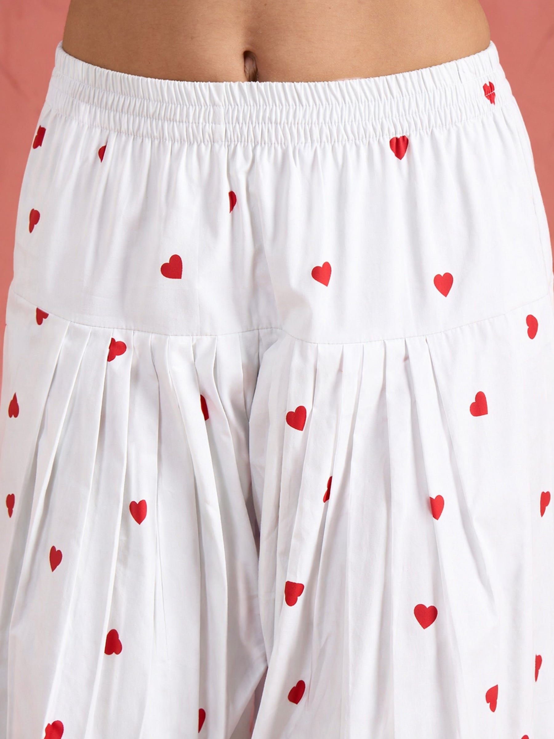 Women Red Solid Short Kurta With Heart Print Farshi Salwar